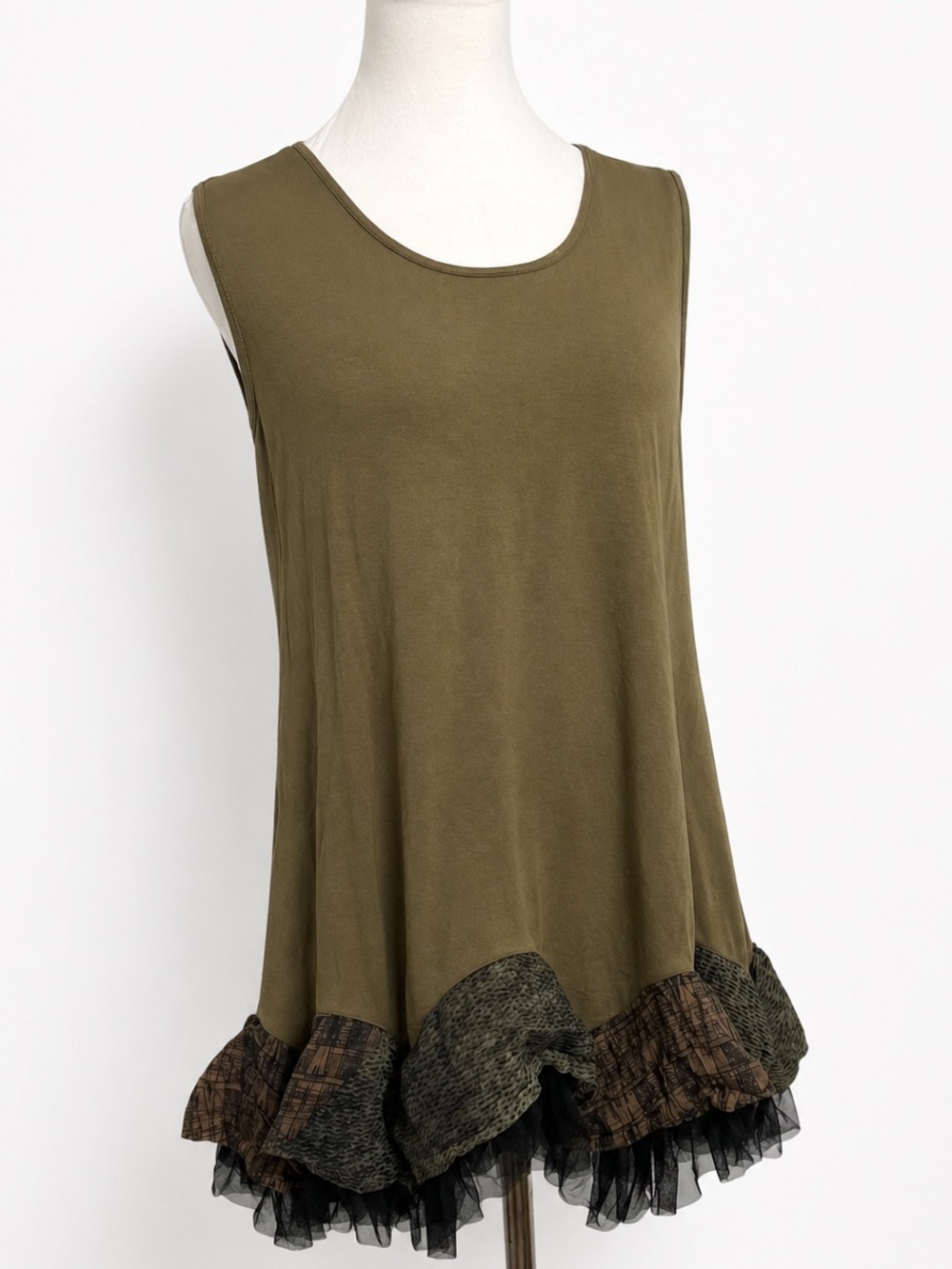 Olive Boho Tunic Dress Patchwork Ruffle Hem Fairycore Flowy 2